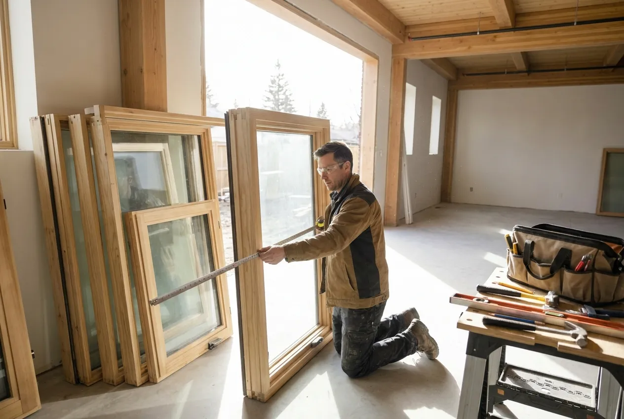 Professional installer measuring a new window at a Kitchener–Waterloo job site