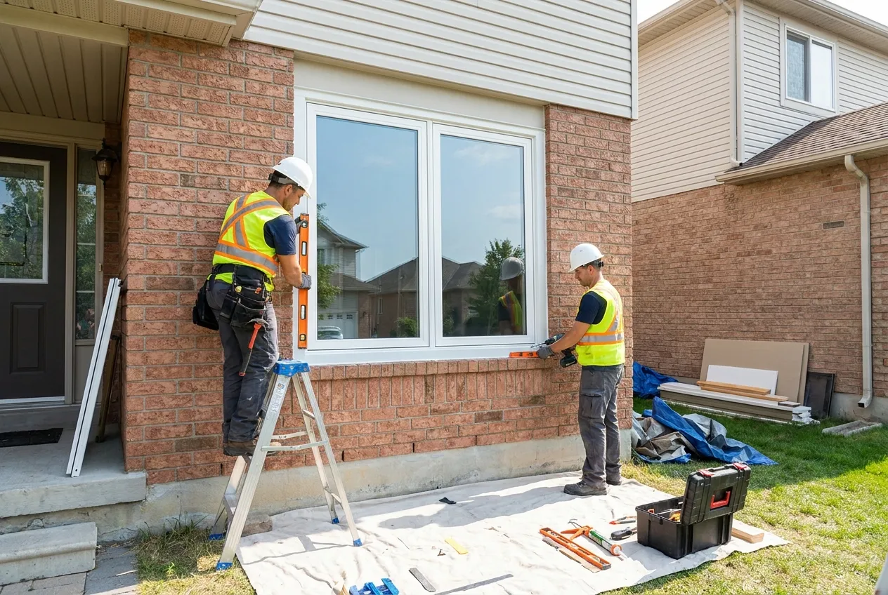 Kitchener Window Pros installers fitting a new window on a local home