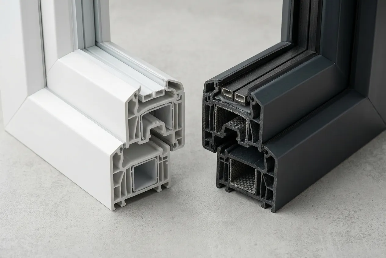 Vinyl and fiberglass window frame samples side by side