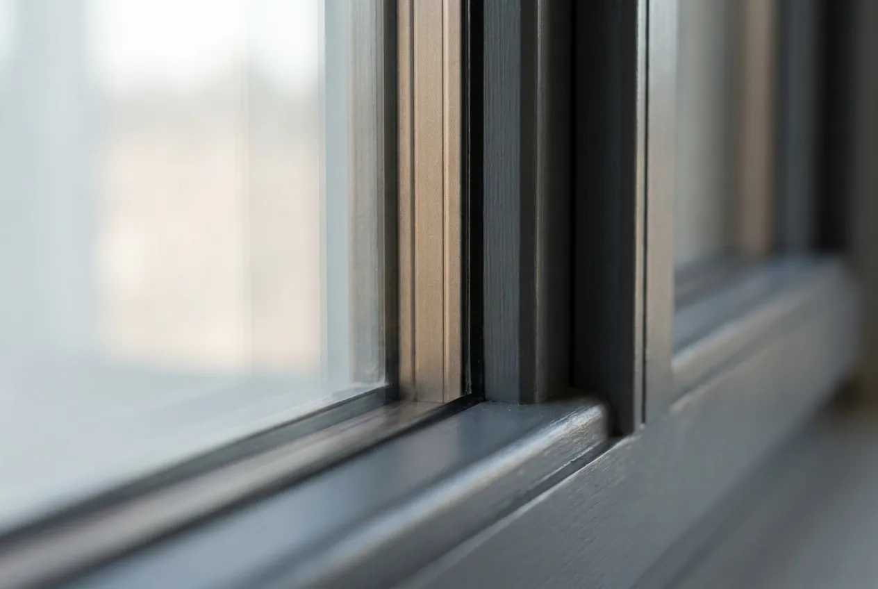 Close-up of an insulated window's multiple glass panes and spacer bar