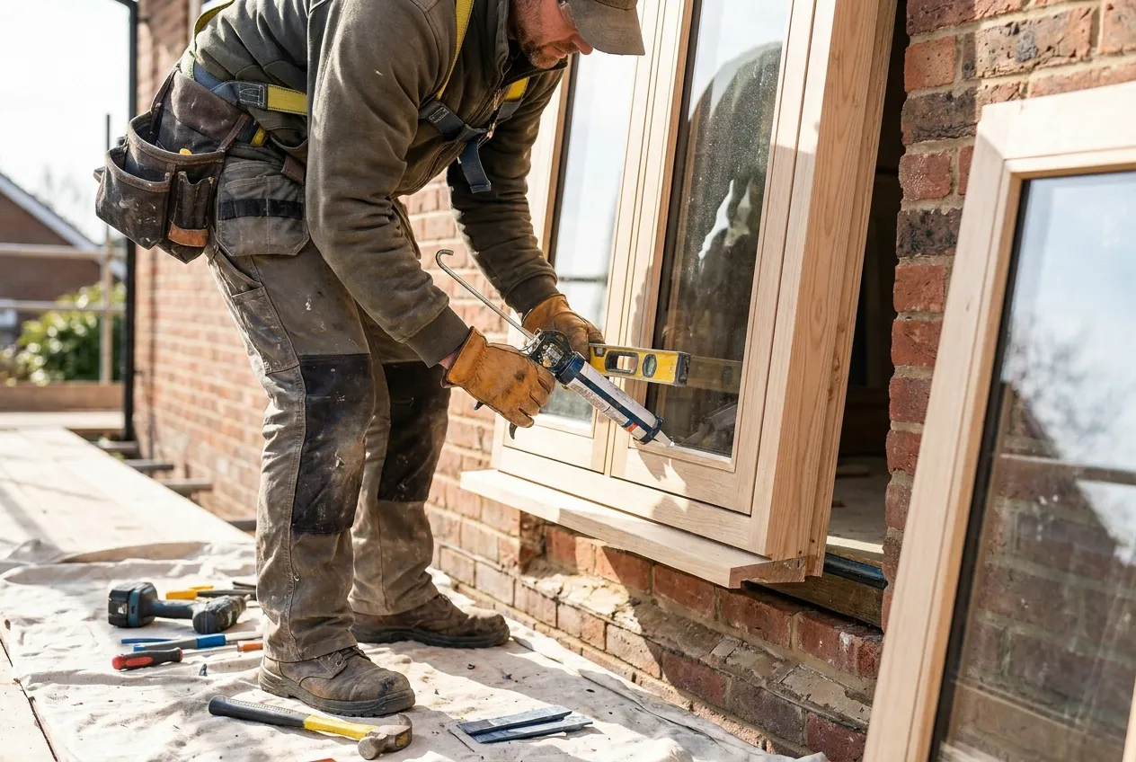 Professional installer fitting a new replacement window in a Kitchener home
