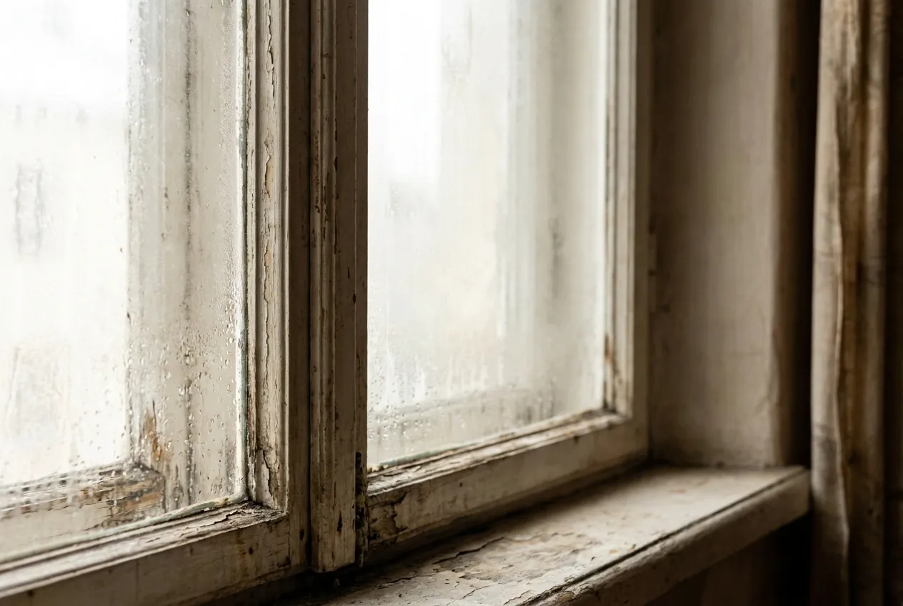 Old window with fog and condensation trapped between the panes