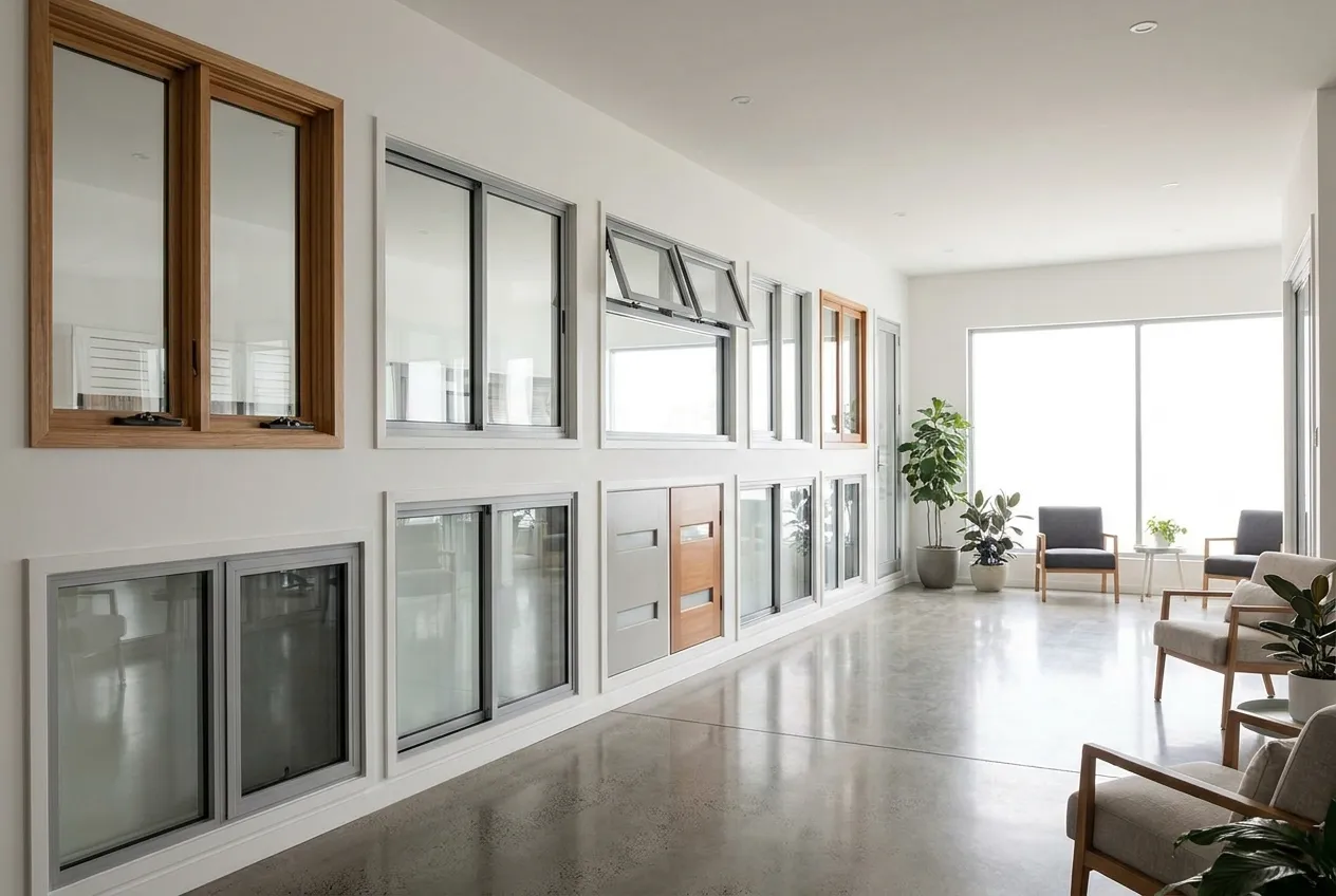 Window and door showroom displaying replacement window styles